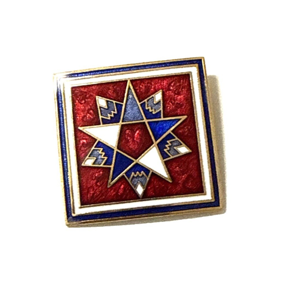 Vintage FISH BRAND Cloisonne Hex Star Brooch Red Blue White Enamel Pin 1 3/8"